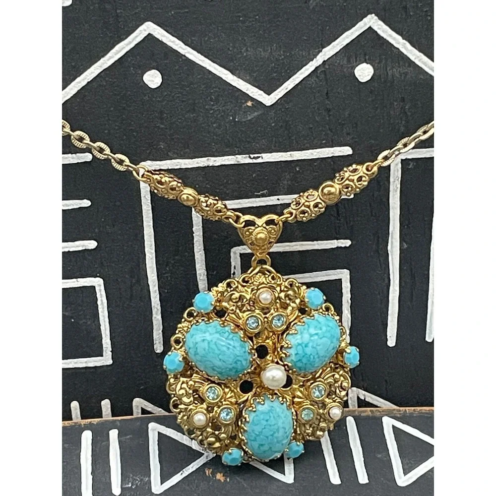 Vintage West Germany Turquoise Glass Statement Necklace Filigree Pendant‎ 1960s